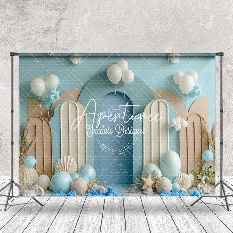 Aperturee - Brown Blue Balloons Beach Summer Cake Smash Backdrop