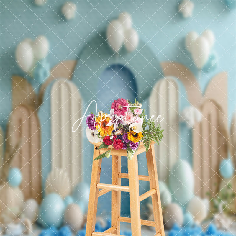 Aperturee - Brown Blue Balloons Beach Summer Cake Smash Backdrop