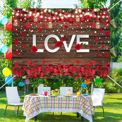 Aperturee - Brown Board Red Roses Light Valentines Day Backdrop