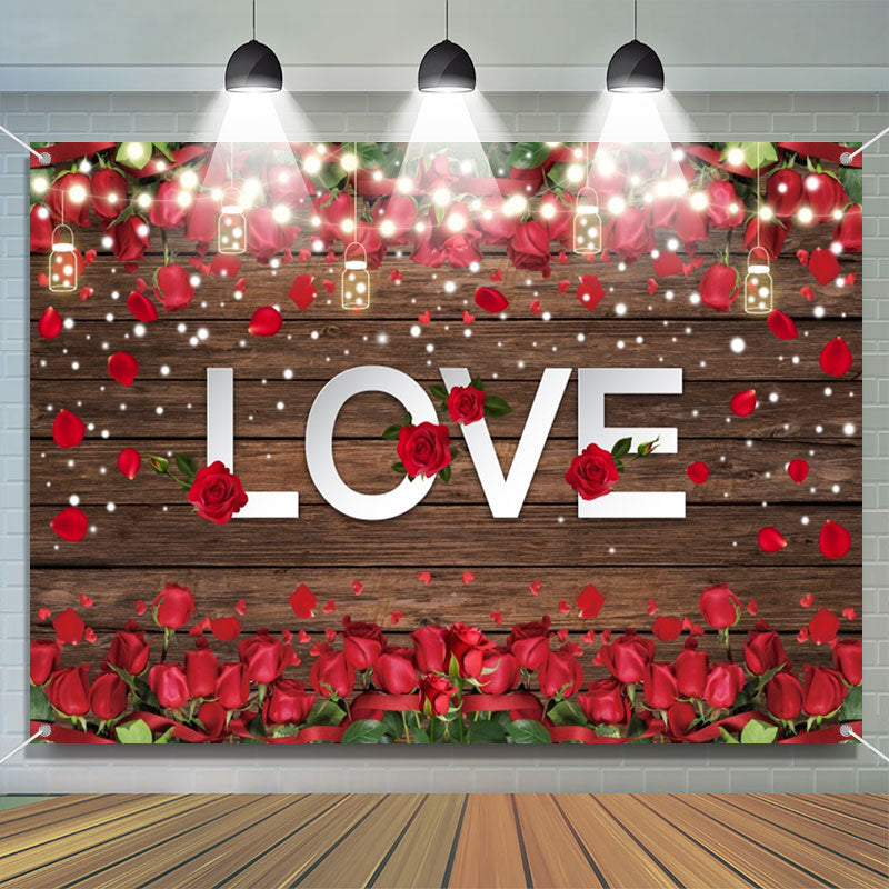 Aperturee - Brown Board Red Roses Light Valentines Day Backdrop