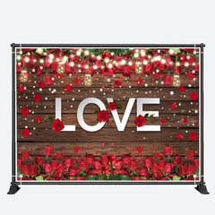 Aperturee - Brown Board Red Roses Light Valentines Day Backdrop