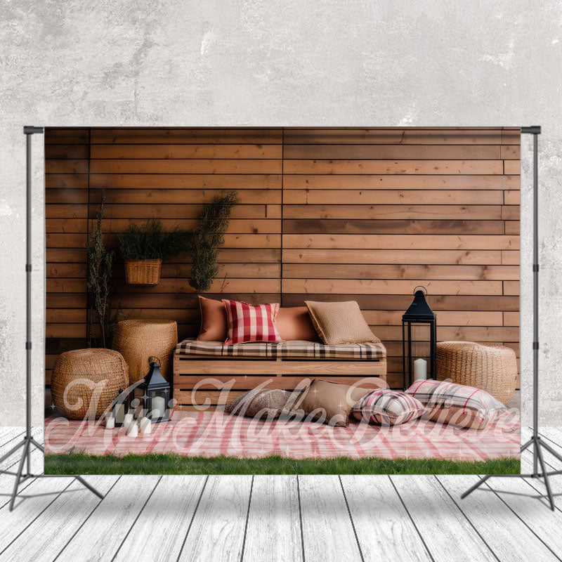 Aperturee - Brown Board Wall Plaid Mat Pillows Spring Backdrop