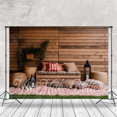 Aperturee - Brown Board Wall Plaid Mat Pillows Spring Backdrop