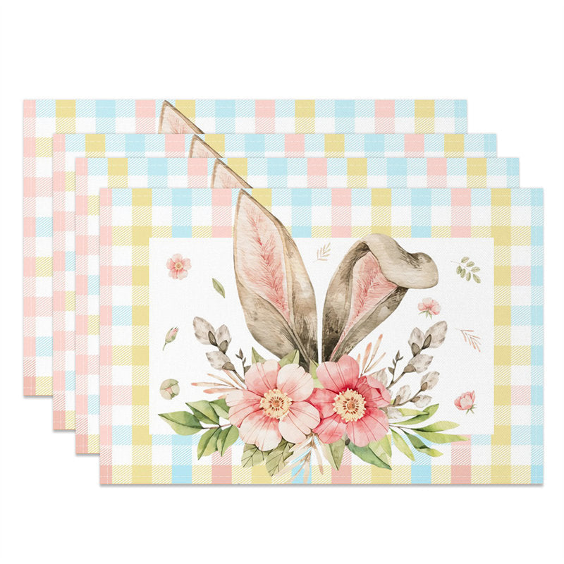 Aperturee - Brown Bunny Ear Pink Floral Plaid Set Of 4 Placemats