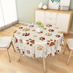 Aperturee - Brown Cute Amimal Paw Yellow Stripe Round Tablecloth