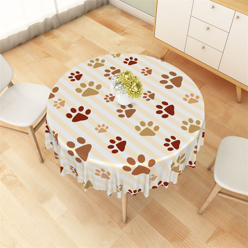 Aperturee - Brown Cute Amimal Paw Yellow Stripe Round Tablecloth