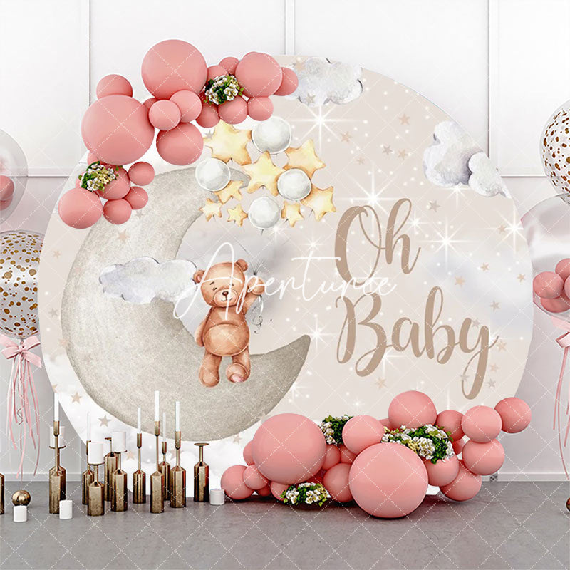 Aperturee - Brown Cute Bear Star Moon Round Baby Shower Backdrop