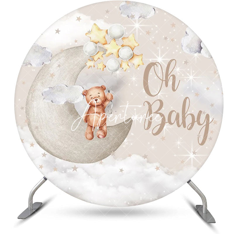 Aperturee - Brown Cute Bear Star Moon Round Baby Shower Backdrop