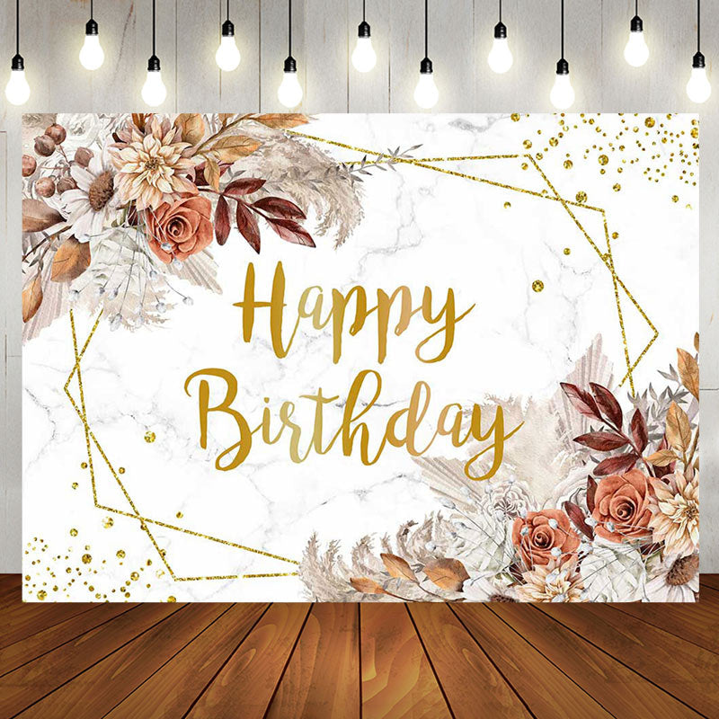 Aperturee - Brown Floral Boho Marble Texture Birthday Backdrop