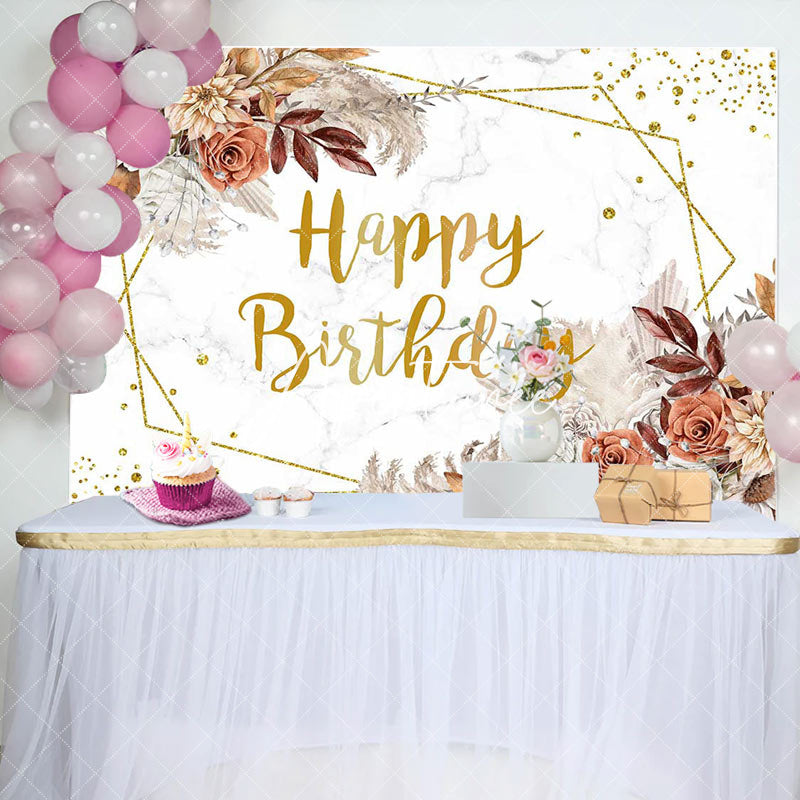 Aperturee - Brown Floral Boho Marble Texture Birthday Backdrop