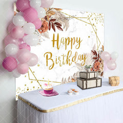 Aperturee - Brown Floral Boho Marble Texture Birthday Backdrop