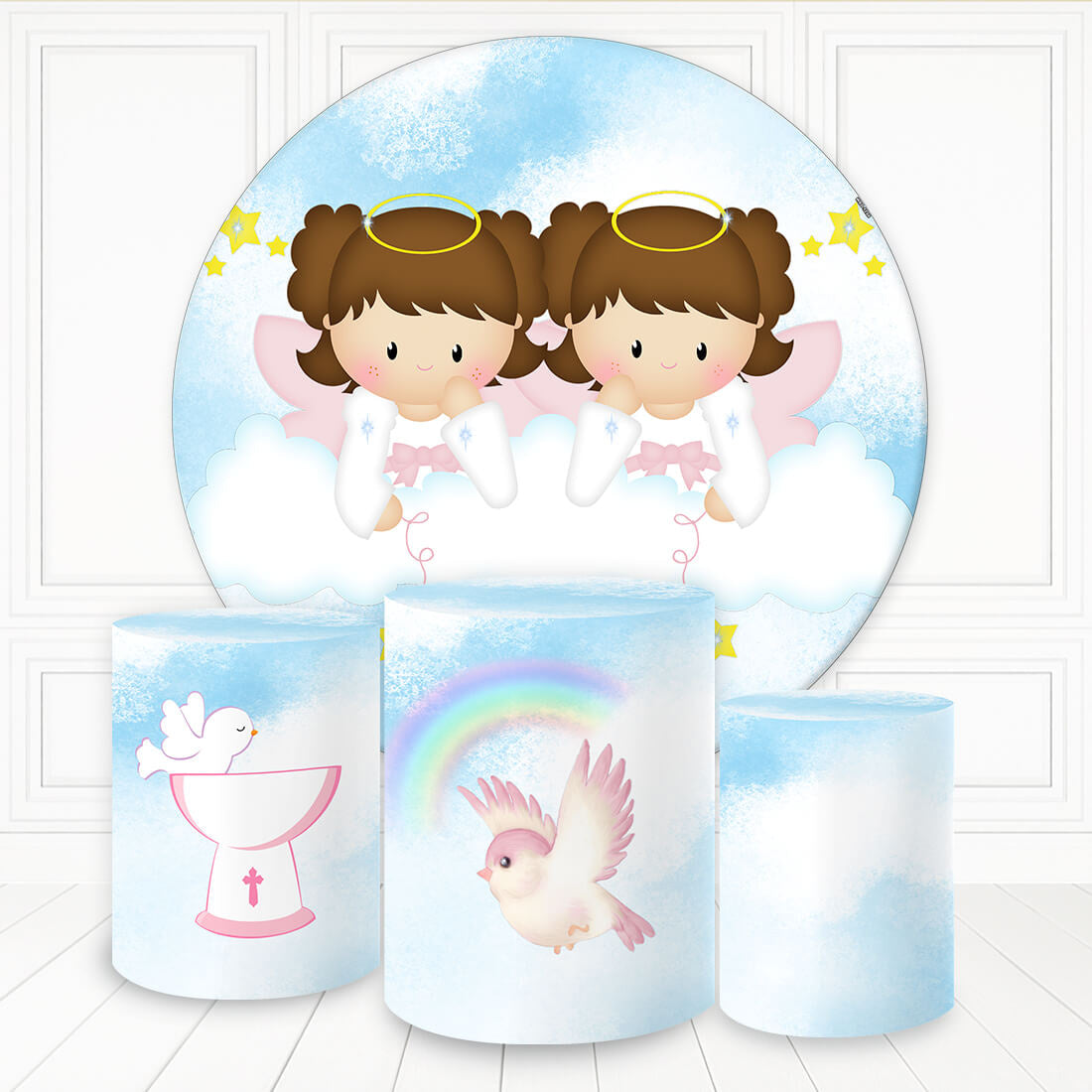 Aperturee Brown Hair Girl Twins Round Backdrop Kit For Baby Shower