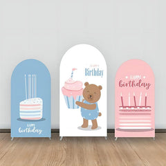 Aperturee - Brown Smile Bear Cupcake Pink Blue Arch Backdrop Kit