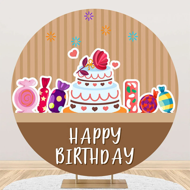 Aperturee - Brown Stripe Candyland Cake Round Birthday Backdrop