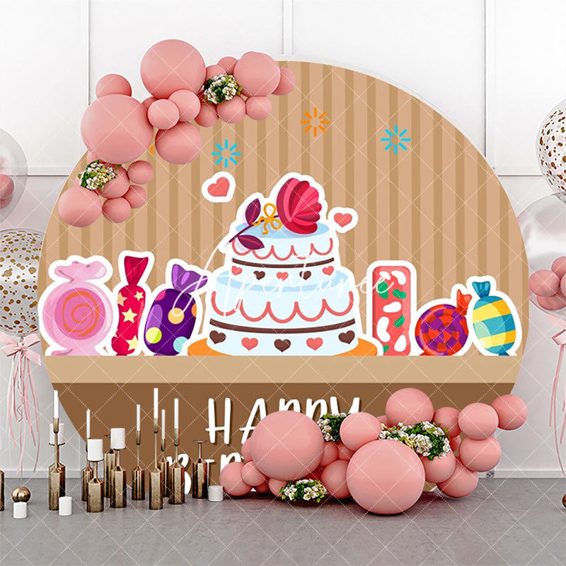 Aperturee - Brown Stripe Candyland Cake Round Birthday Backdrop