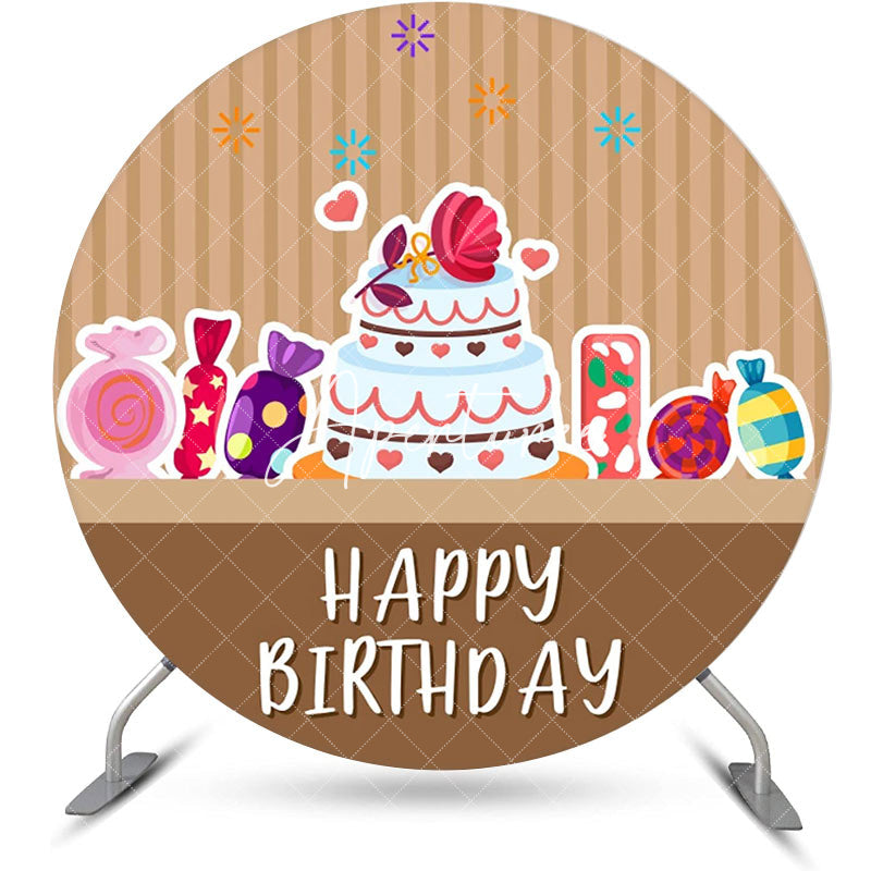 Aperturee - Brown Stripe Candyland Cake Round Birthday Backdrop