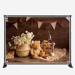 Aperturee - Brown Teddy Bear Flowers Wood Birthday Backdrop