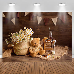 Aperturee - Brown Teddy Bear Flowers Wood Birthday Backdrop