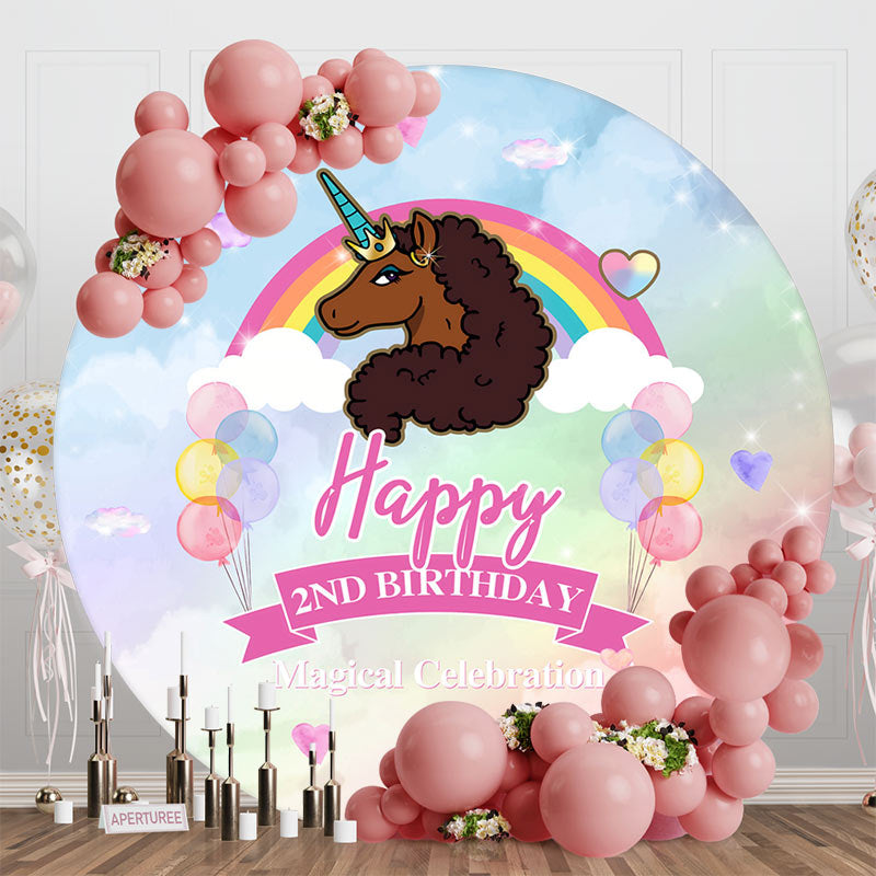 Aperturee - Brown Unicorn Rainbow Round 2nd Birthday Backdrop