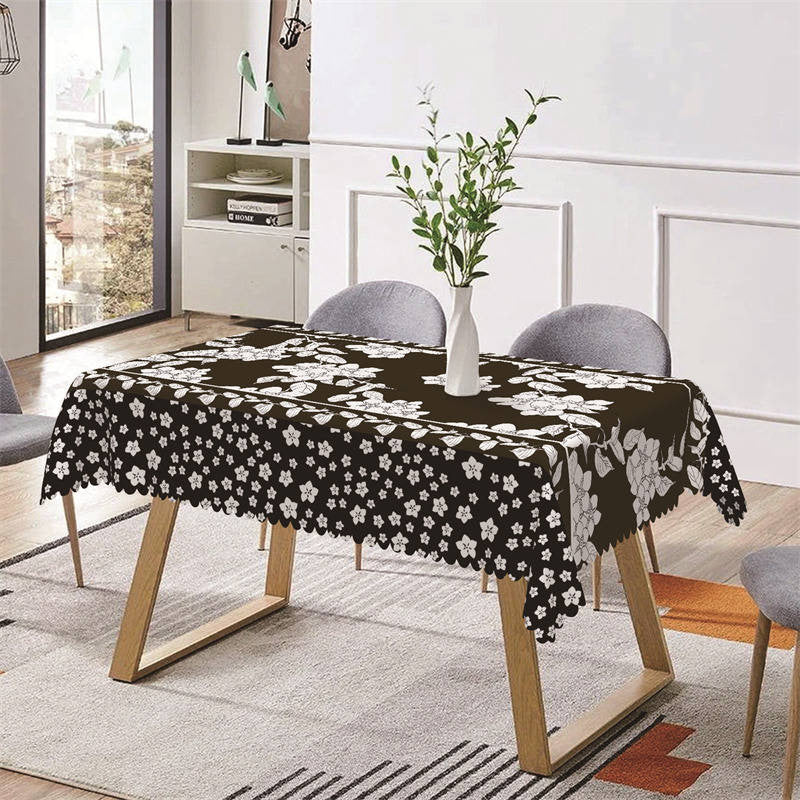 Aperturee - Brown White Drawing Flower Leaf Rectangle Tablecloth