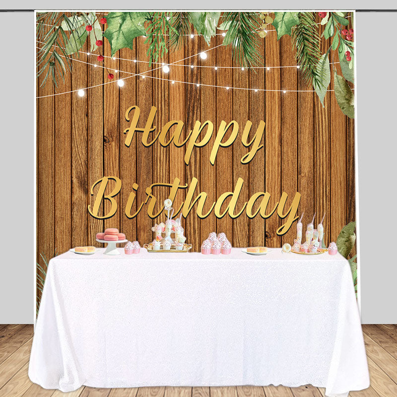 Aperturee - Brown Wood Board Green Ink Leaves Birthday Backdrop