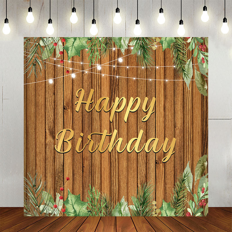 Aperturee - Brown Wood Board Green Ink Leaves Birthday Backdrop