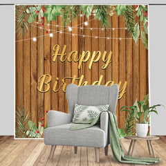 Aperturee - Brown Wood Board Green Ink Leaves Birthday Backdrop