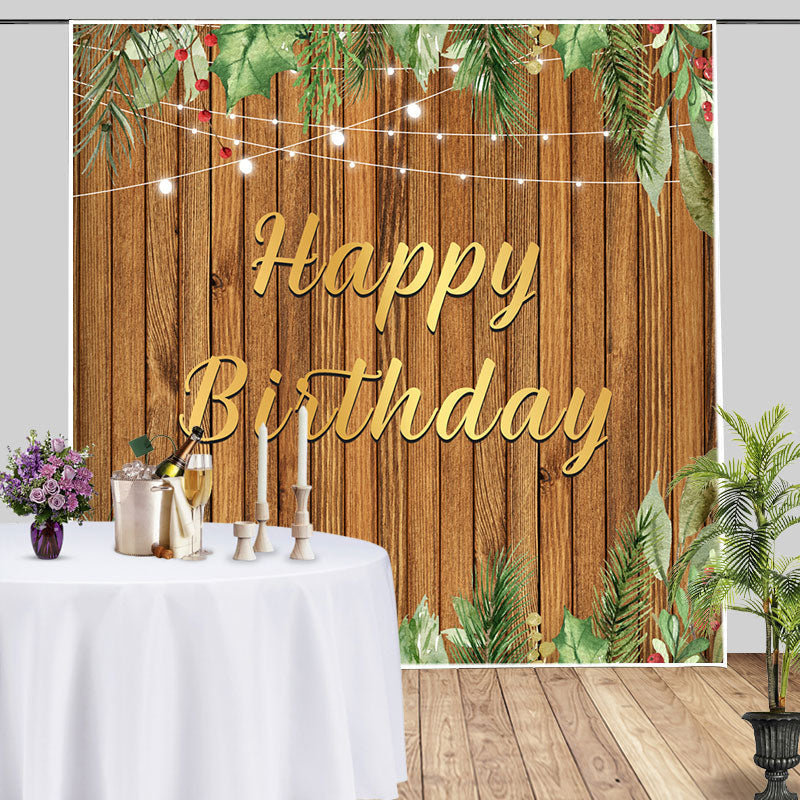 Aperturee - Brown Wood Board Green Ink Leaves Birthday Backdrop