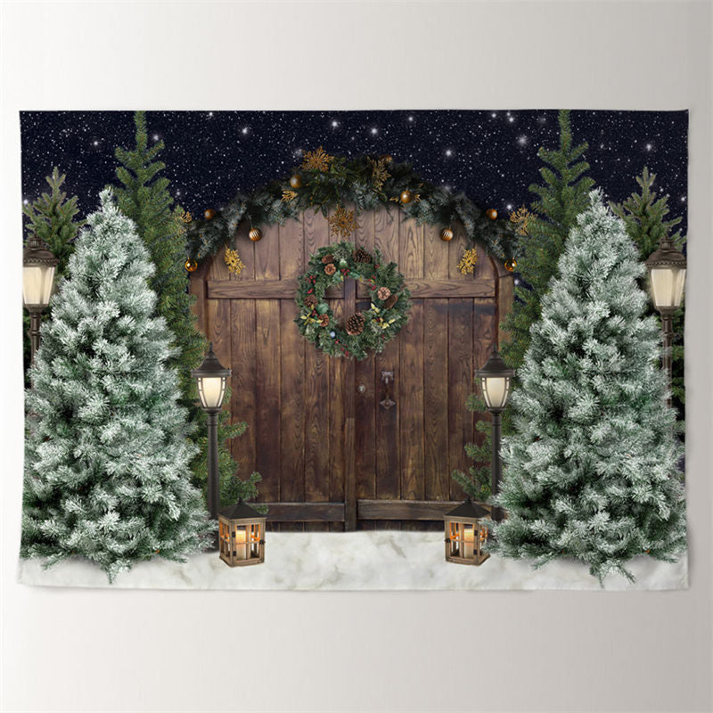 Aperturee - Brown Wood Door Pinetree Snowy Eve Winter Backdrop