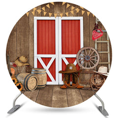 Aperturee Brown Wood Red Door Cool Cowboy Round Baby Shower Backdrop