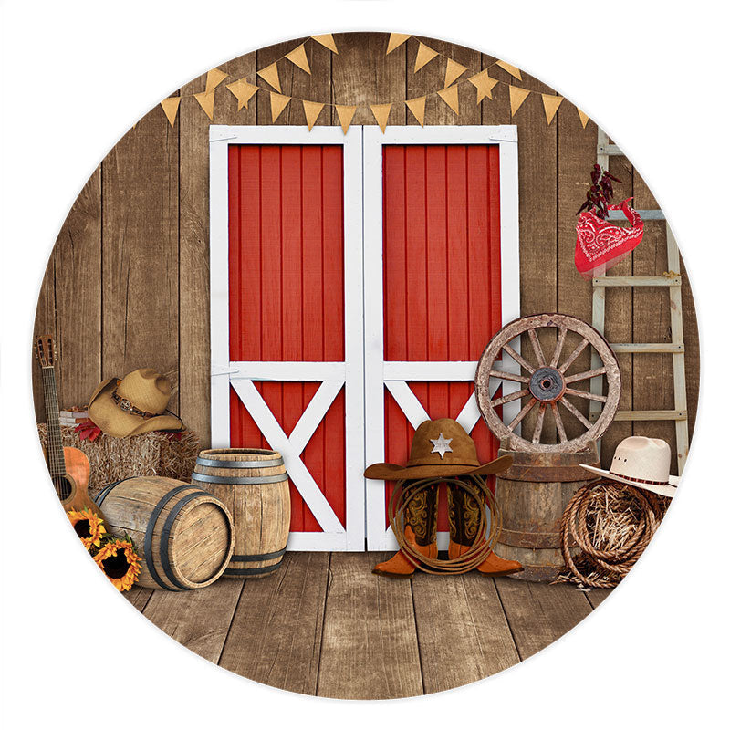 Aperturee Brown Wood Red Door Cool Cowboy Round Baby Shower Backdrop