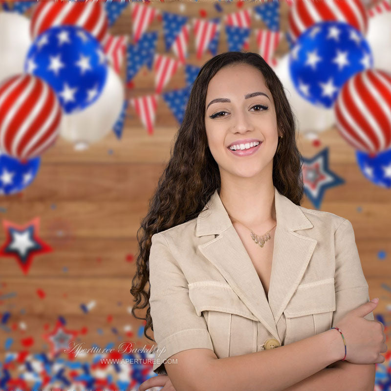 Aperturee - Brown Wood USA Balloon Ribbon Independence Day Backdrop