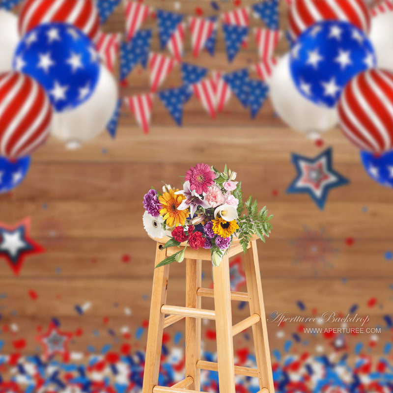 Aperturee - Brown Wood USA Balloon Ribbon Independence Day Backdrop