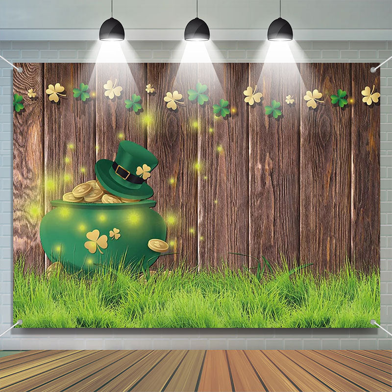 Aperturee - Brown Wood Wall Grass Coins St Patricks Day Backdrop