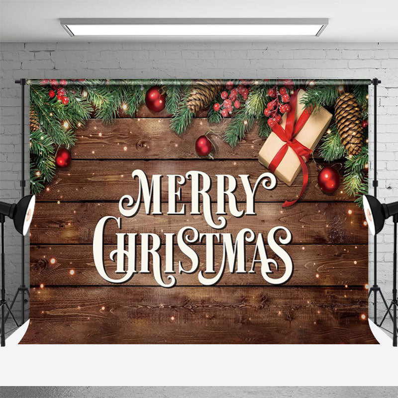 Aperturee - Brown Wood Wall Leaves Merry Christmas Backdrop