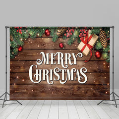 Aperturee - Brown Wood Wall Leaves Merry Christmas Backdrop