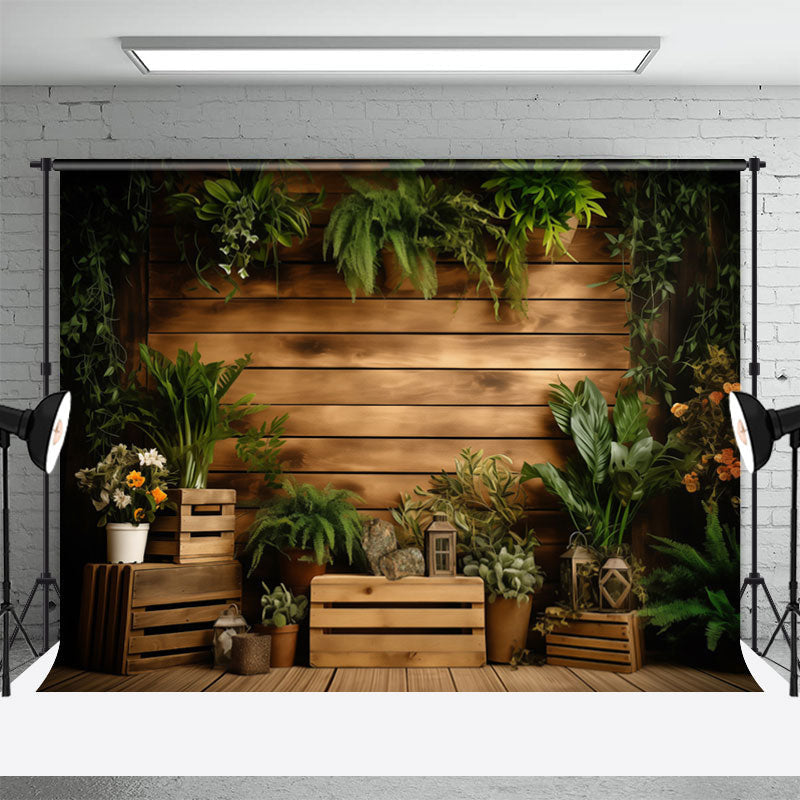 Aperturee - Brown Wooden Box Green Plants Photoshoot Backdrop