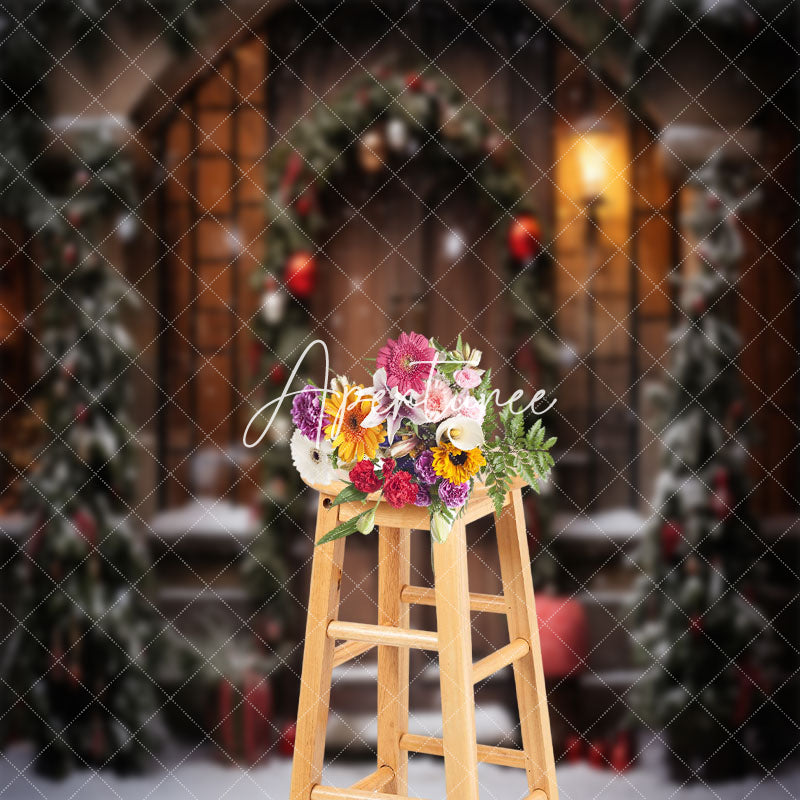 Aperturee - Brown Wooden Door Plants Bells Christmas Backdrop