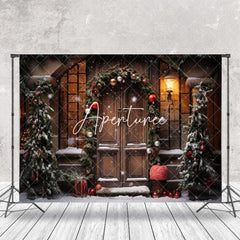 Aperturee - Brown Wooden Door Plants Bells Christmas Backdrop