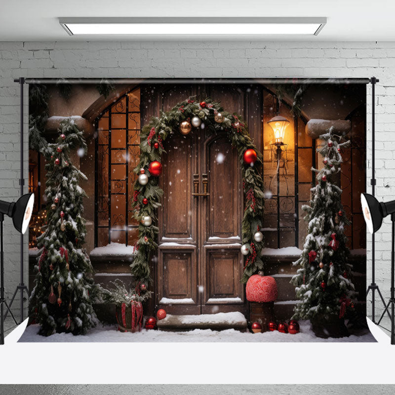 Aperturee - Brown Wooden Door Plants Bells Christmas Backdrop