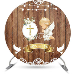 Aperturee - Brown Wooden God Bless Angel Baby Baptism Backdrop