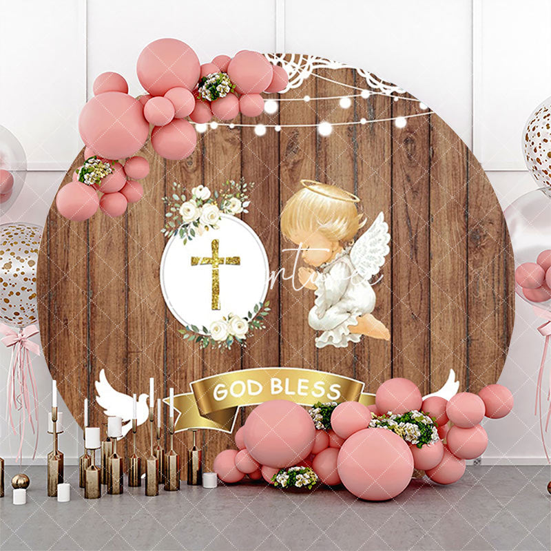 Aperturee - Brown Wooden God Bless Angel Baby Baptism Backdrop