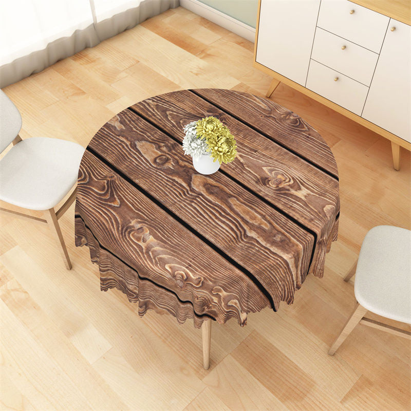 Aperturee - Brown Wooden Grain Prints Vintage Round Tablecloth