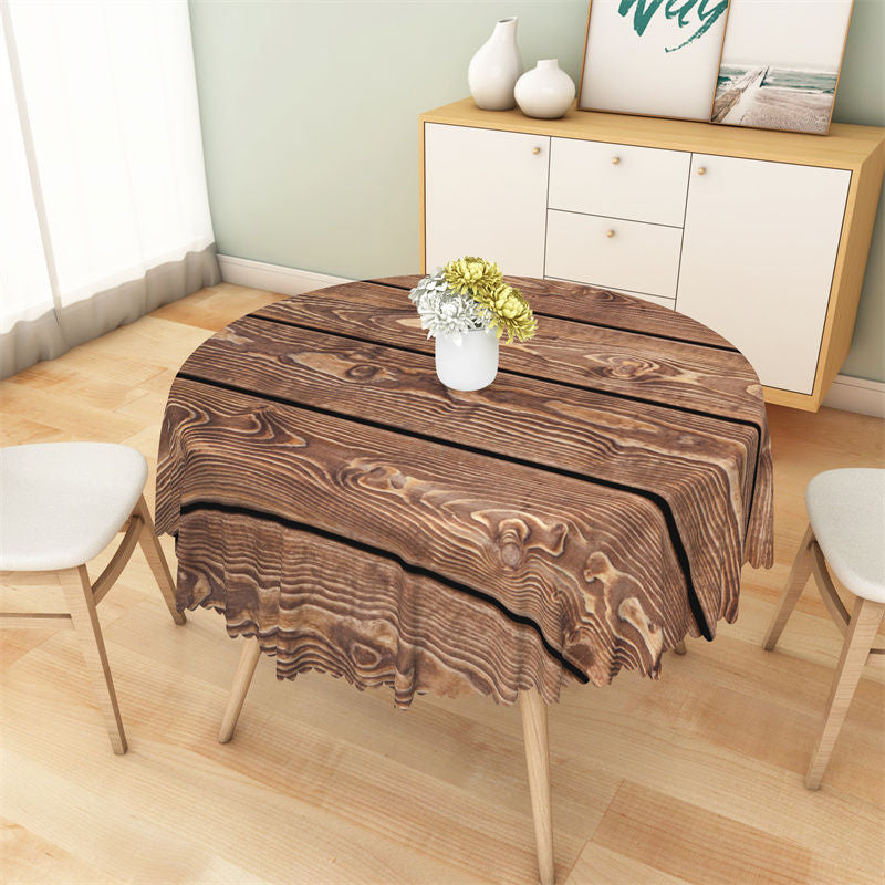 Aperturee - Brown Wooden Grain Prints Vintage Round Tablecloth