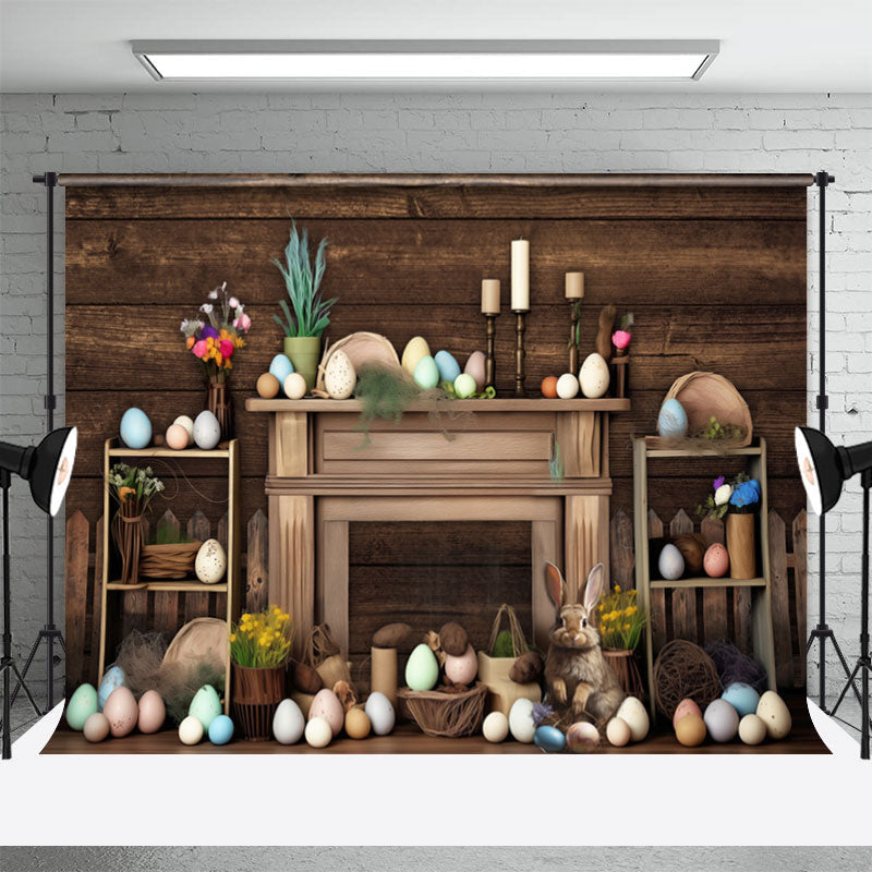 Aperturee - Brown Wooden Paschal Eggs Bunny Easter Backdrop