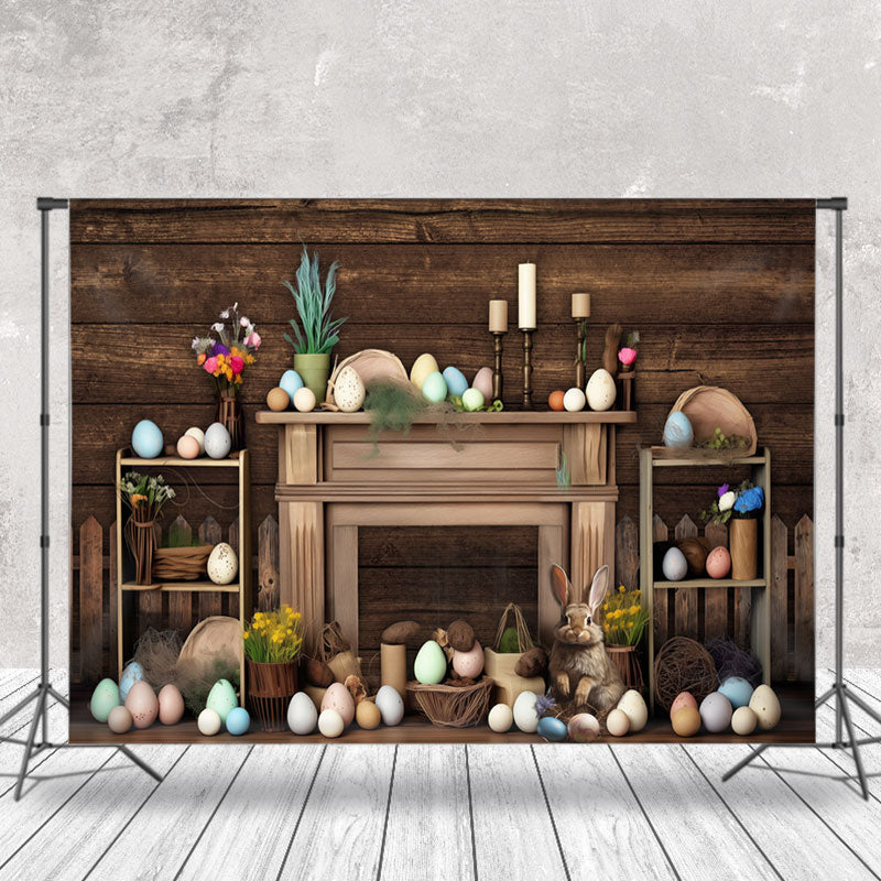 Aperturee - Brown Wooden Paschal Eggs Bunny Easter Backdrop