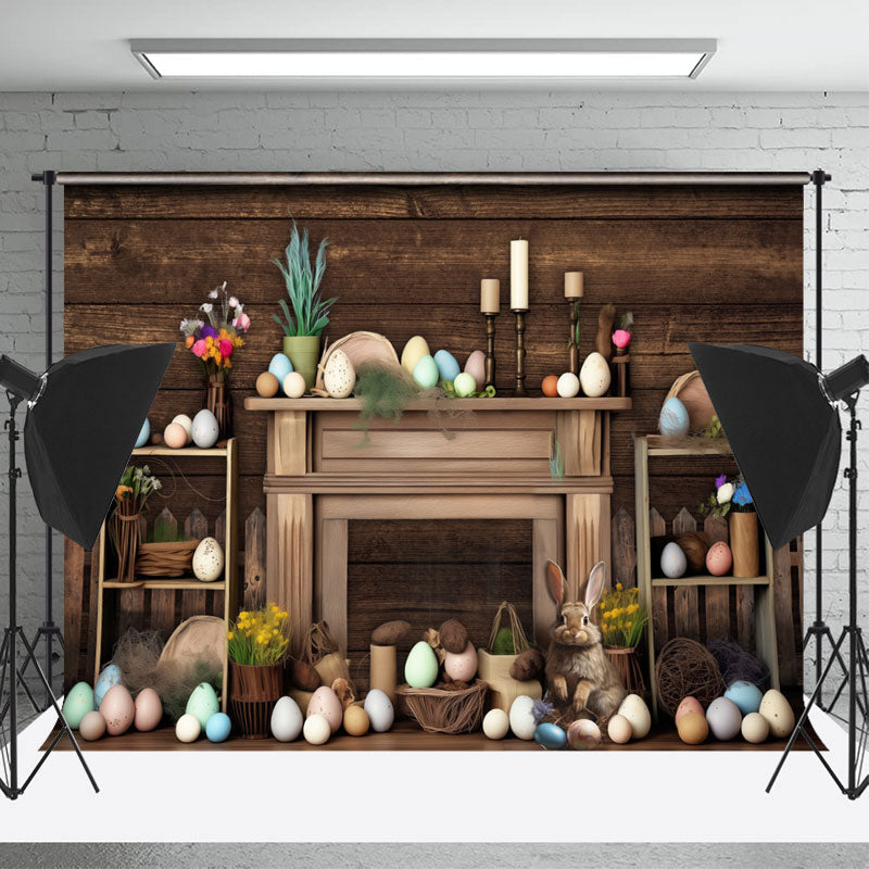 Aperturee - Brown Wooden Paschal Eggs Bunny Easter Backdrop