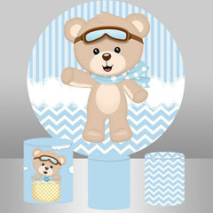 Aperturee Bule White Stripe Teddy Bear Circle Baby Shower Backdrop