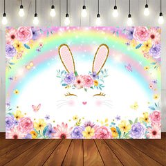 Aperturee - Bunny And Colored Rainbow Floral Baby Shower Backdrop