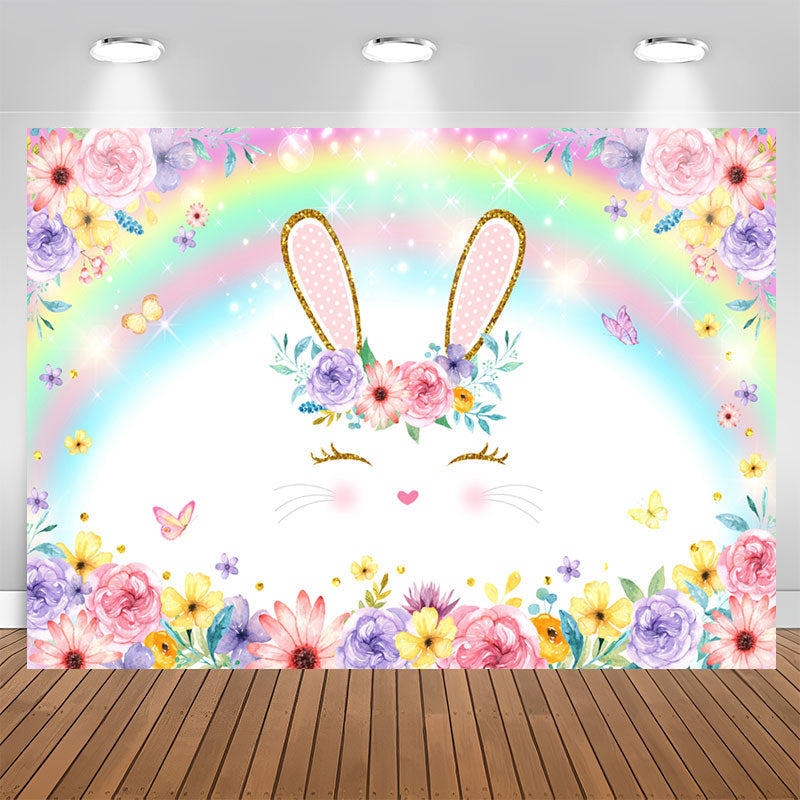 Aperturee - Bunny And Colored Rainbow Floral Baby Shower Backdrop